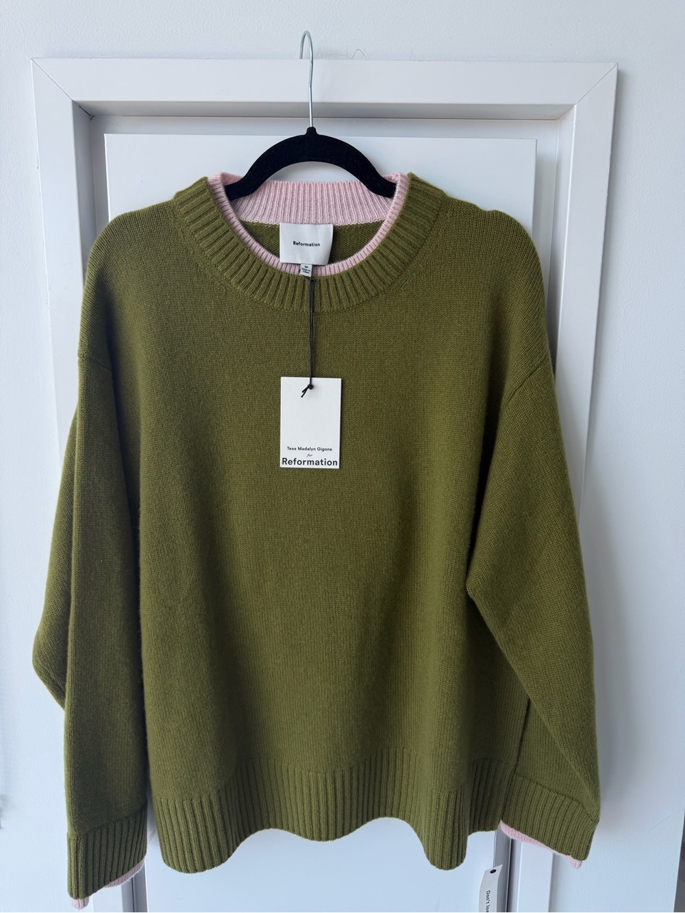 Reformation x Tess Madalyn Gigone Cashmere Olive Crewneck Sweater with Pink Trim